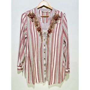 Soft surrounding button up shirt boho beaded embroidered long sleeve women L